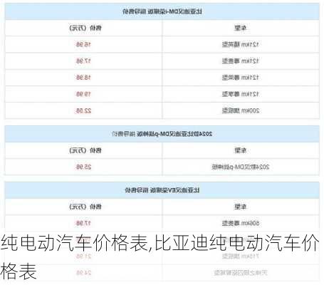 纯电动汽车价格表,比亚迪纯电动汽车价格表